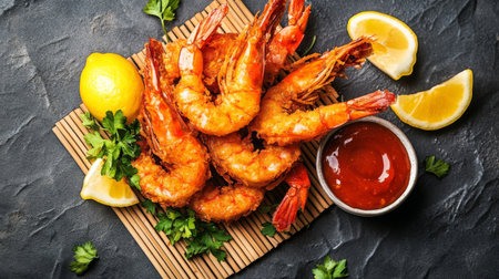 Indulge in this vibrant plate of crispy fried shrimp complemented by tangy lemon slices and savory sauce. Perfect for gatherings or a gourmet meal.の素材