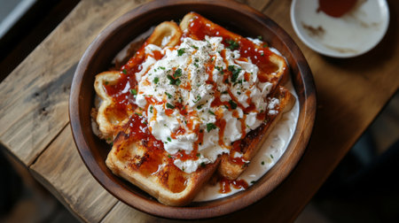 A tempting presentation of waffles topped with whipped cream and a drizzle of rich sauce, served in a wooden bowl, perfect for any dessert lover.の素材