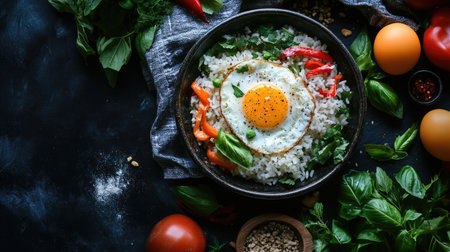 An appetizing shot of Thai basil fried rice with egg, served in a traditional Thai bowl, surrounded by fresh herbs and colorful vegetables, celebrating the flavors of Thai cuisine.の素材