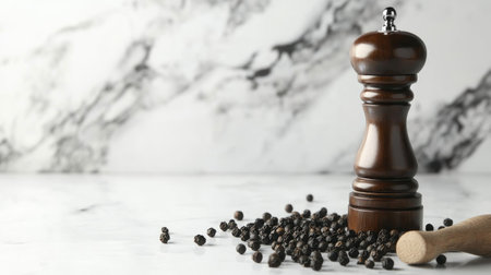 An elegant arrangement of whole black peppercorns and a polished pepper grinder on a white surface, highlighting their role as essential kitchen staples.の素材