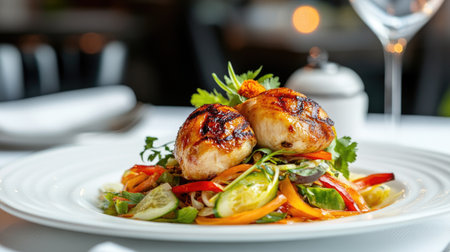 An elegant shot of a serving of som tam and grilled chicken on a white tablecloth, with the vibrant colors of the salad and the crispy chicken creating a visually appealing dish.の素材
