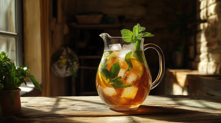 A clear glass pitcher filled with iced tea and ice cubes, garnished with mint leaves and lemon slices, set against a rustic wooden table for a cozy summer vibe.の素材