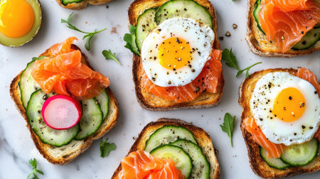 An overhead view of a breakfast table featuring an assortment of toasted bread topped with different ingredients like eggs, smoked salmon, and fresh vegetables, creating a colorful and appetizing spread.の素材