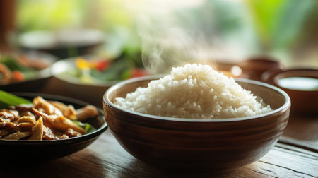 A bowl of freshly steamed white rice with steam rising, placed on a wooden table, accompanied by traditional Thai dishes, creating a warm and inviting meal setting.の素材