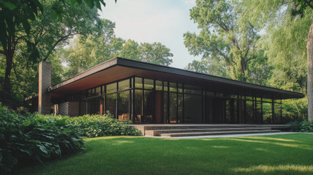 An exterior shot of a contemporary minimalist house with a flat roof, large glass panels, and a simple facade, surrounded by lush greenery, exemplifying modern architecture.の素材