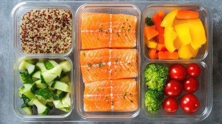 An overhead view of a healthy meal prep featuring salmon, quinoa, and colorful vegetables, emphasizing the nutritious aspects of this delicious dish for health-conscious eaters.の素材