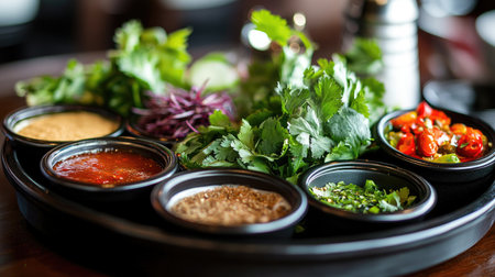 A beautifully styled platter featuring a selection of chili sauces, spices, and fresh herbs, perfect for a gourmet dining experience and showcasing vibrant culinary ingredients.の素材