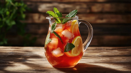A clear glass pitcher filled with iced tea and ice cubes, garnished with mint leaves and lemon slices, set against a rustic wooden table for a cozy summer vibe.の素材