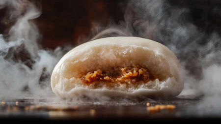 A close-up of a half-opened bao bun revealing its rich filling, with steam rising, capturing the enticing aroma and inviting texture that makes it irresistible.の素材