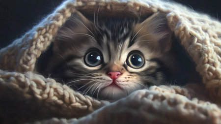 A close-up of a playful kitten with big, bright eyes and a tiny pink nose, gazing curiously from a soft, knitted blanket.の素材