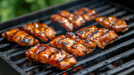 A close-up of succulent pork ribs sizzling on the grill, with a glossy barbecue sauce and a hint of charred edges, highlighting the juicy texture.の素材