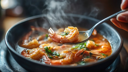 A close-up of a person savoring a spoonful of hot and spicy shrimp soup, with steam rising from the bowl, emphasizing the comforting and flavorful experience of this dish.の素材