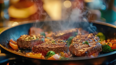 A close-up of a sizzling hot skillet with juicy steaks and vegetables being seared, with steam rising and a vibrant kitchen background.の素材