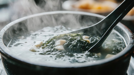 A close-up of a ladle filled with rich, steaming seaweed soup, with strands of seaweed and tofu visible, showcasing the dish's texture and inviting aroma.の素材