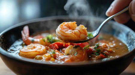 A close-up of a person savoring a spoonful of hot and spicy shrimp soup, with steam rising from the bowl, emphasizing the comforting and flavorful experience of this dish.の素材