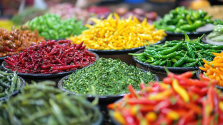 A close-up of fresh red and green chili peppers with droplets of water, emphasizing their freshness, alongside a variety of colorful spices in small bowls, ready for cooking.の素材