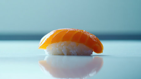 A close-up of a single piece of nigiri sushi, with glistening salmon resting on perfectly shaped rice, isolated on a white background to highlight its simplicity and freshness.の素材