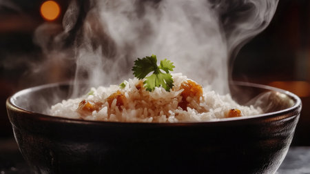 A close-up shot of a bowl of hot steamed rice, garnished with a small sprig of cilantro, with steam rising against a dark background for a dramatic and appetizing look.の素材