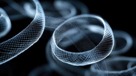 Close-up of white smoke rings swirling and overlapping in an intricate pattern on a black backgroundの素材