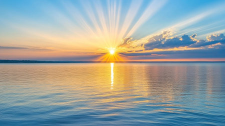 A radiant sunrise breaking over a calm horizon, casting golden rays across the water, illuminating the sky with soft pastel colors and creating a peaceful morning sceneの素材