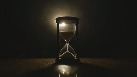 Hourglass with fine white sand flowing down in a dimly lit setting, casting shadows and highlighting the smooth curves of the glassの素材