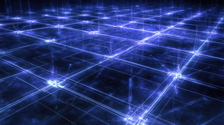 Futuristic digital grid with interconnected lines and nodes in blue tones, symbolizing technology and modern graphicsの素材