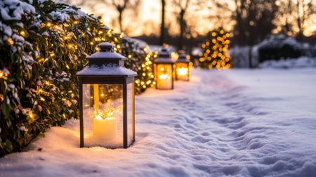 A serene snowy pathway lined with glowing lanterns and twinkling holiday lights creates a magical winter scene. The soft dusk light enhances the festive atmosphere.の素材