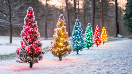 A picturesque winter scene featuring colorful lighted Christmas trees nestled in fresh snow. The tranquil landscape evokes holiday spirit and joy.の素材