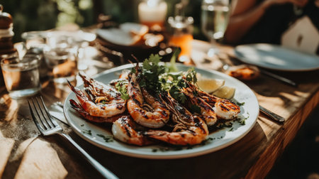A beautifully arranged plate of grilled shrimp garnished with fresh herbs and lemon slices, perfect for summer dining. Ideal for culinary scenes.の素材
