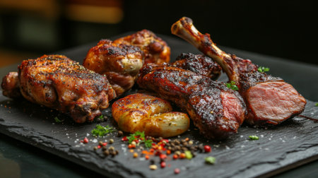 A beautifully arranged grilled meat platter featuring various cuts of chicken, beef, and lamb, accompanied by seasoned vegetables. Perfect for meat lovers.の素材