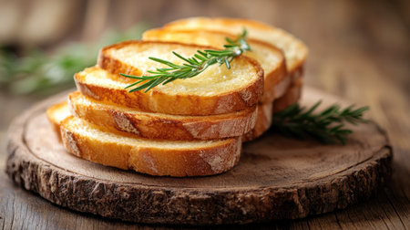 Close-up of golden, toasted bread slices stacked neatly, with a crispy texture on a rustic wooden board, capturing warmth and freshnessの素材