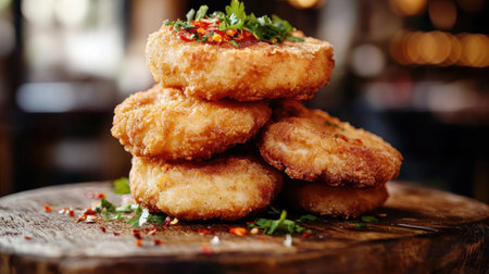 Close-up of golden fried chicken pieces stacked on a rustic wooden board, with a sprinkle of chili flakes and parsley garnishの素材