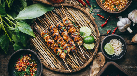 Savor the flavors of grilled skewers served on a rustic table. Fresh herbs and vibrant ingredients enhance this delicious meal, perfect for outdoor gatherings.の素材