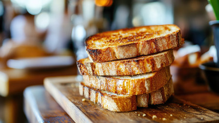 Close-up of golden, toasted bread slices stacked neatly, with a crispy texture on a rustic wooden board, capturing warmth and freshnessの素材