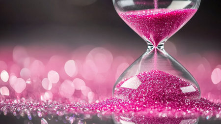 Modern hourglass with pink sand, placed on a reflective surface, showing fine details of the grains as they fall throughの素材