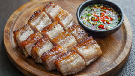 Enjoy the rich flavors of crispy pork belly slices paired with a spicy dipping sauce, perfect for any gathering or culinary adventure.の素材