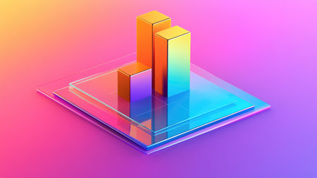 Isometric stacked bar graph in bright colors with a reflective base, representing data analysis and progress trackingの素材