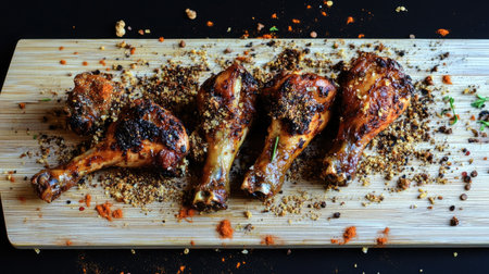 Juicy, crispy fried chicken drumsticks on a wooden cutting board, with crumbs and seasoning scattered across the surfaceの素材