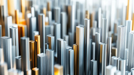 Stacked D bar graphs in metallic tones, arranged in a pattern on a white reflective surface, highlighting complex data visualizationの素材