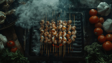 Discover the art of grilling with these delicious shrimp skewers on a barbecue. Surrounded by fresh vegetables and flavorful herbs, this cooking scene showcases culinary creativity.の素材