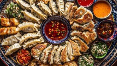 A vibrant platter of assorted dumplings accompanied by various dipping sauces and fresh herbs, showcasing a mouthwatering selection perfect for sharing moments.の素材