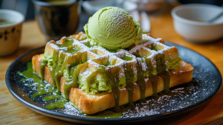 A tempting dessert featuring a fluffy waffle topped with creamy green tea ice cream and drizzled with sweet sauce, perfect for food lovers.の素材