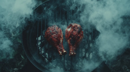 Enjoy a close-up view of grilled chicken drumsticks sizzling on a barbecue. The rich smoky flavor and delicious texture make this dish a must-try for any food lover.の素材