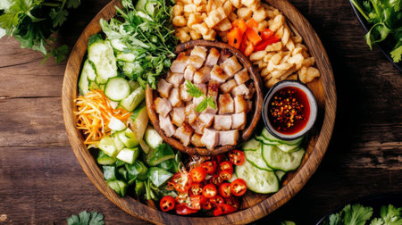 Explore a vibrant dish featuring fresh vegetables and savory meat, beautifully arranged on a rustic wooden table. Perfect for a healthy meal.の素材
