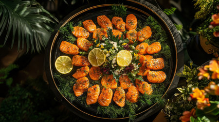 A stunning arrangement of grilled salmon fillets garnished with herbs and bright lemon slices, perfect for any culinary occasion or summer gathering.の素材