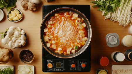 Dive into the vibrant world of cooking with this captivating hot pot scene featuring fresh ingredients, simmering broth, and a cozy kitchen atmosphere.の素材