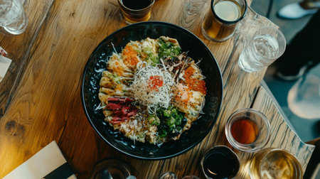 This vibrant gourmet dish showcases a variety of fresh ingredients arranged beautifully on a rustic wooden table, perfect for sharing and savoring.の素材