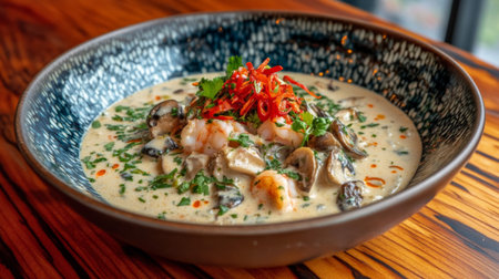 A delicious bowl of creamy shrimp and oyster soup garnished with fresh herbs and spices. Perfectly suited for seafood lovers seeking comfort food.の素材