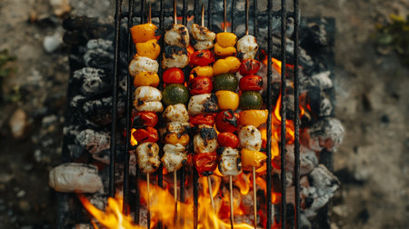 A vibrant display of grilled vegetables and chicken skewers sizzling over a lively barbecue fire, showcasing delicious summertime outdoor cooking.の素材