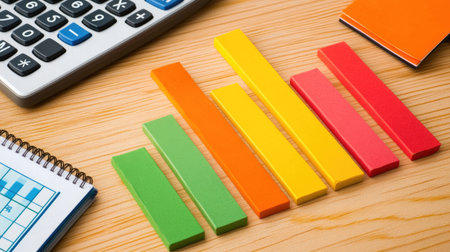 An engaging close-up of a financial report featuring multiple bar charts, highlighting sales performance and market trends, with a calculator and a notepad nearby on a wooden desk.の素材